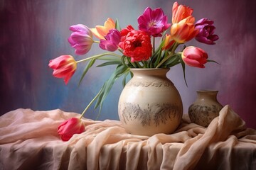 Vibrant tulips and peonies create a captivating still life, gracefully arranged in decorative vases atop a softly draped table