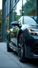 Sleek luxury car parked by glass building at dusk