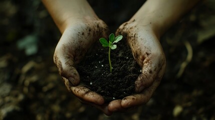 Young plant sprout held in hands with soil