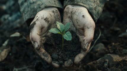 Obraz premium Young plant sprout held in hands with soil