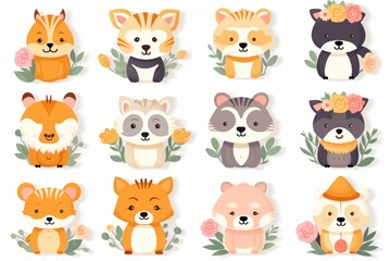 Twelve cute woodland animals, including foxes, raccoons, chipmunks, and more, are depicted in a kawaii style, each adorned with flowers
