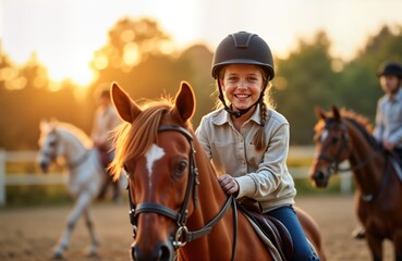 Happy girl enjoys horseback riding lesson at sunset. Smiles, looks at camera. Riders in background. Outdoor setting on farm riding school. Perfect for equestrian activity, kids learning horsemanship,