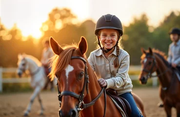 Rolgordijnen zonder boren Happy girl enjoys horseback riding lesson at sunset. Smiles, looks at camera. Riders in background. Outdoor setting on farm riding school. Perfect for equestrian activity, kids learning horsemanship, © Viktor
