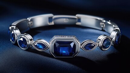 A luxurious bracelet with sapphire inlays displayed on a soft black cushion.