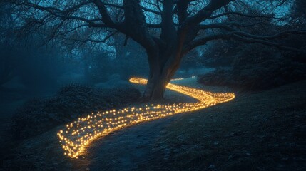 Obraz premium Ethereal and Captivating Winding Glowing Illuminated Path Through Mysterious Nocturnal Forest Landscape with Magical Twinkling Lights and Atmospheric Ambiance