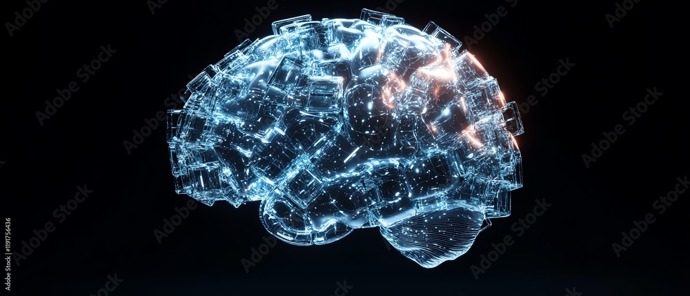 Poster translucent cubes forming a futuristic data brain, 3d rendering, digital intelligence, advanced neur