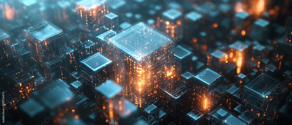 Poster 3d brain of translucent cubes, futuristic digital intelligence, hightech neural pathways, scifi data