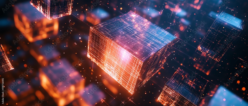 Poster 3d brain of translucent cubes, futuristic digital intelligence, hightech neural pathways, scifi data