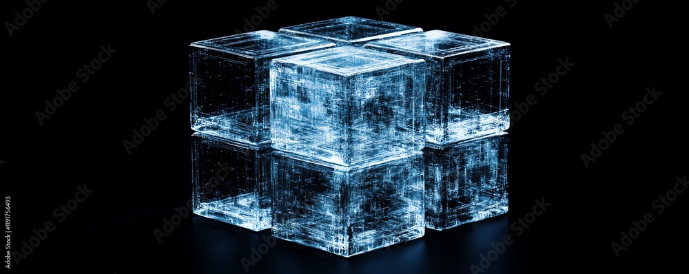 Poster 3d futuristic brain composed of translucent cubes, symbolizing digital intelligence, hightech neural
