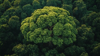 Naklejka premium Towering tree with verdant green leaves in a serene forest landscape majestic