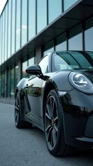 Sleek black sports car parked in front of modern glass building