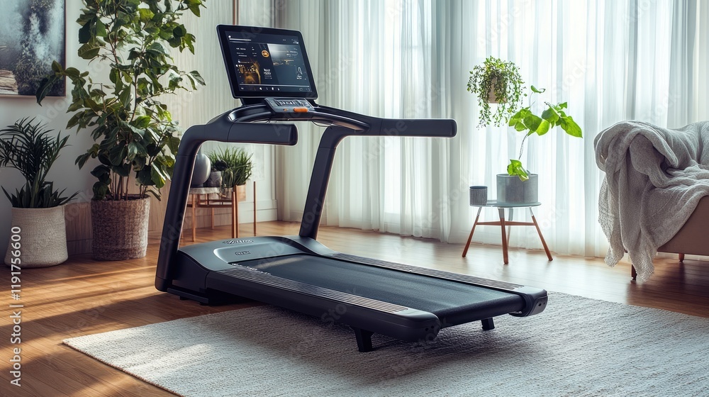 Poster a treadmill with built-in speakers and a touchscreen interface in a bright room.