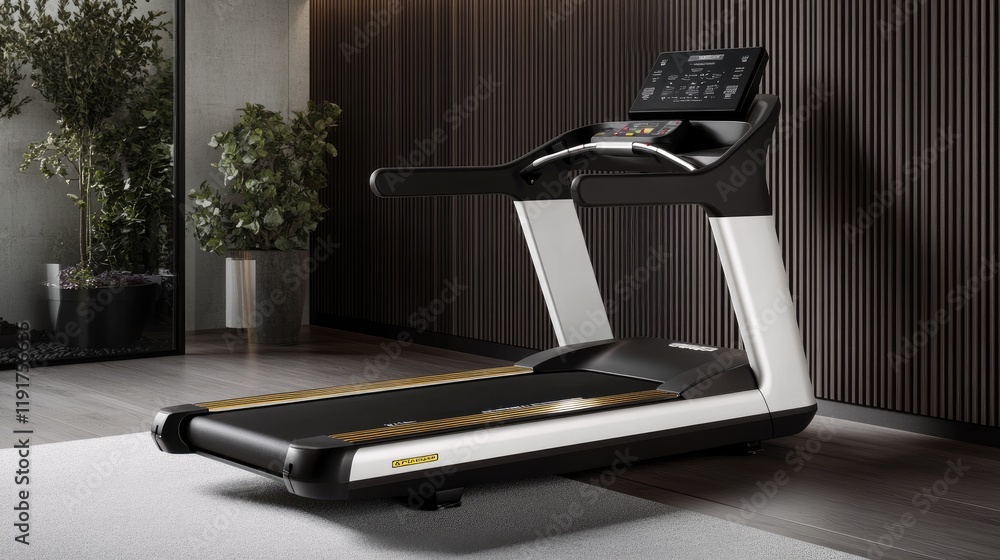 Poster a treadmill with safety features highlighted in a professional gym setup.