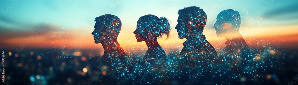 Poster composite image of individuals from different backgrounds connected by digital network, representing