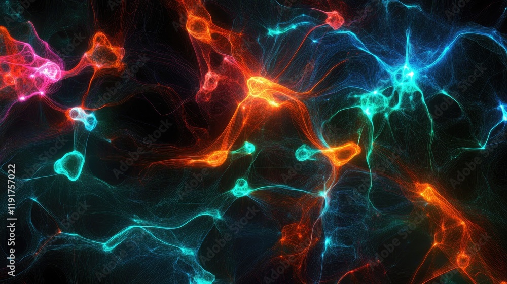 Poster a vibrant neon network map showing global data routes.