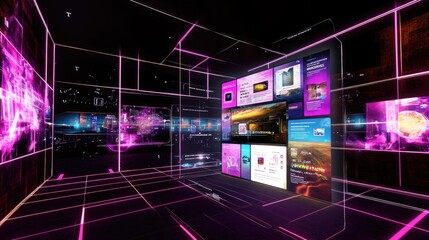 A VR interface displaying interactive menus in a digital environment.