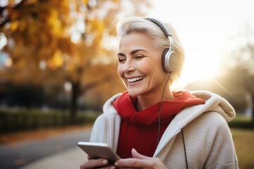 Cheerful mature woman enjoying music using headphones and smartphone in a park during autumn