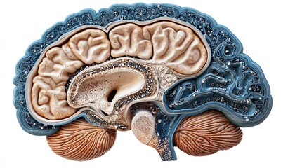 detailed human brain diagram on white background, realistic rendering, intricate neural network, anatomy and brain function illustration