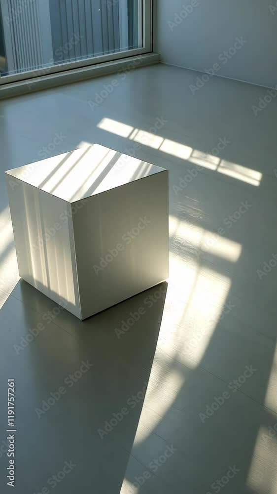 Poster cubic structure casting shadows on polished floor in minimalist interior space during daylight hours