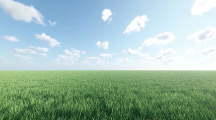 Fototapeta premium A wide green grass field under a clear blue sky, stretching to the horizon.