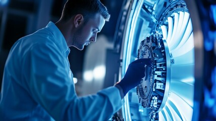 A detailed view of an aerospace engineer testing aircraft components in a testing facility, Aerospace testing scene, Flight testing style
