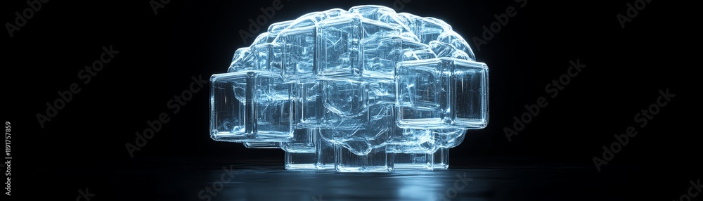 Poster translucent cubes forming a 3d digital brain, futuristic intelligence concept, advanced neural netwo