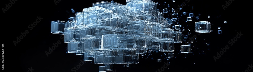Aufkleber translucent cubes forming a 3d digital brain, futuristic intelligence concept, advanced neural netwo