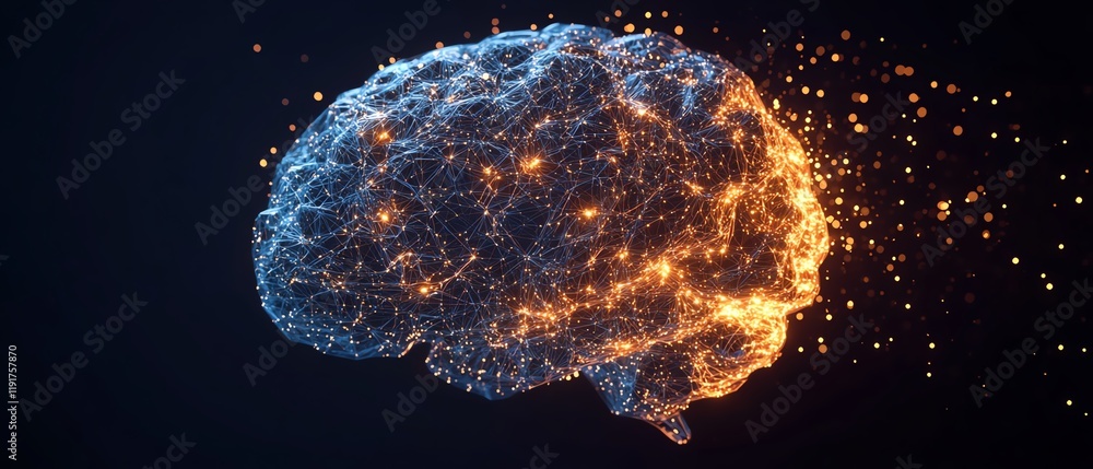 Poster translucent cubes forming a futuristic data brain, 3d rendering, digital intelligence, advanced neur