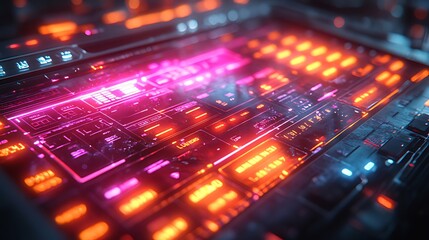 Obraz premium Futuristic control panel glows, data streams, dark room, sci-fi interface