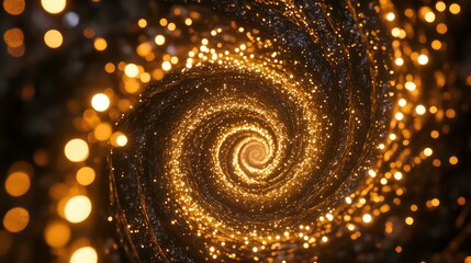 Golden spiral of light particles swirling into a vortex.
