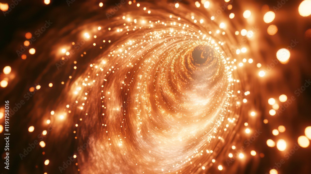 Aufkleber Glowing orange vortex tunnel with swirling particles and bokeh lights.