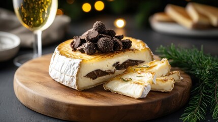 Creamy Brie cheese topped with truffles served on a wooden board with aromatic herbs and sparkling wine in a festive setting