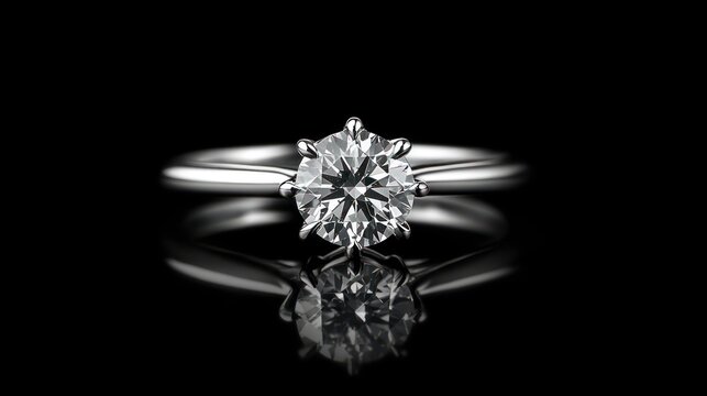 Solitaire diamond ring on black background.