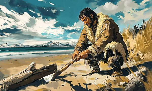 Man in Fur Clothing Working with Tools on a Beach Surrounded by Natural Scenery, Mountains in Background, and Bright Blue Sky with Clouds illustration cartoon with ai generated.