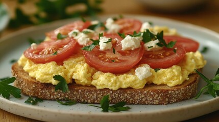Close-up of Scrambled Eggs with Tomatoes and Feta Cheese on Toast