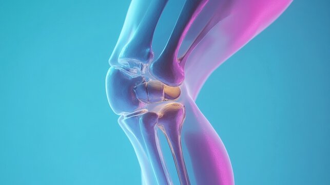 A side view X-ray illustrating knee arthroplasty, showing the knee joint replacement and an empty space on the left.