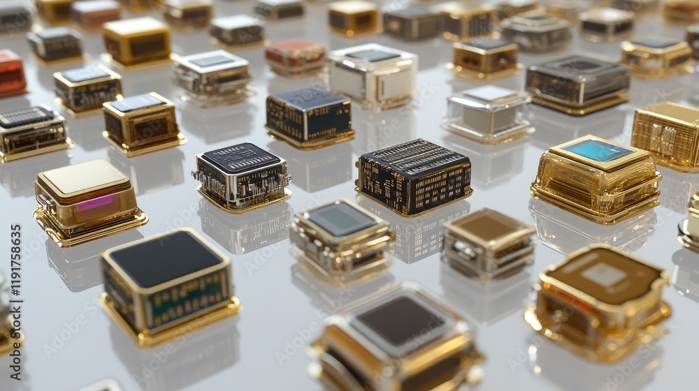 Poster rows of microchips arranged neatly on a reflective surface.