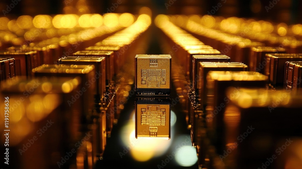 Poster rows of microchips arranged neatly on a reflective surface.