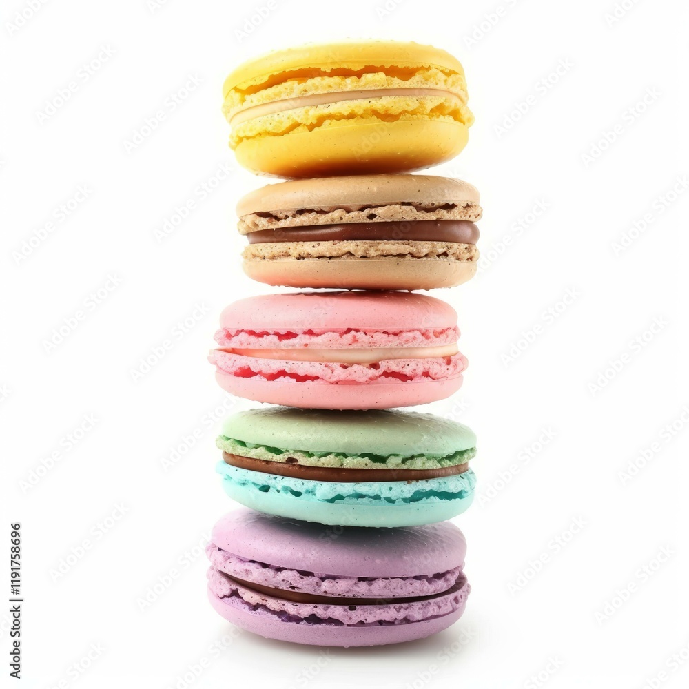 Poster stack of colorful macarons forming a vertical column isolated on white background