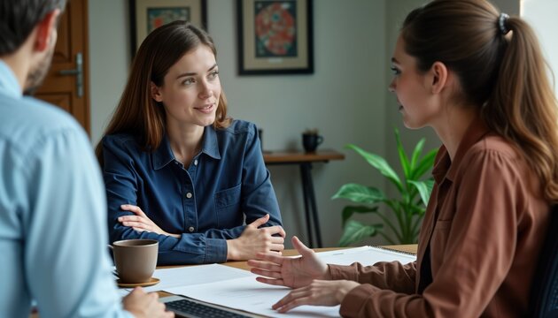 Mentor provides career guidance to young professional in meeting. Business meeting focused on career development. Sharing advice. Pro discussion. Informal setting. Young adults connect. Building