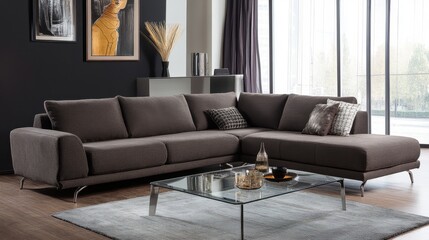 A sleek living room with a modern sectional sofa, glass coffee table, and metallic decor accents.