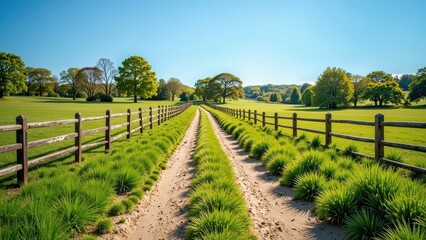 Naklejka premium A serene two-lane dirt path flanked by weathered wooden fences meanders through expansive grassy fields under an open sky