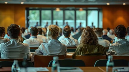 Participants attentively engaged in a conference setting, showcasing a diverse group of individuals seated at tables with blurred speakers in the background during a professional event