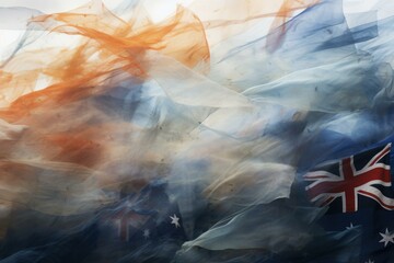 Australian flags waving in the wind behind translucent orange and white fabric
