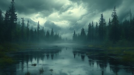 Fototapeta premium Misty mountain lake, dark forest, calm reflection, ominous clouds, nature backdrop