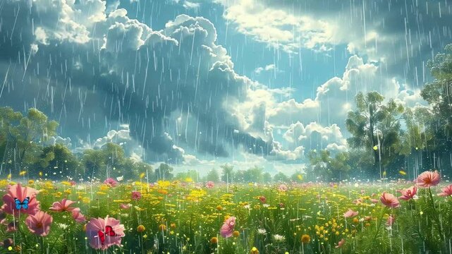spring rain over a blossoming meadow photorealistic seamless looping overlay 4k virtual video animation background