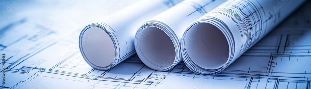 Poster rolled blueprints on display, detailed architectural design and technical drawing visualization