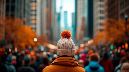 Person in a pom-pom hat stands amidst a busy city crowd during autumn, highlighting individuality and urban life.