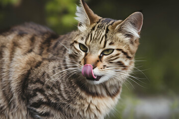 Naklejka premium Striped cat licking whiskers outdoors against blurred greenery in playful moment