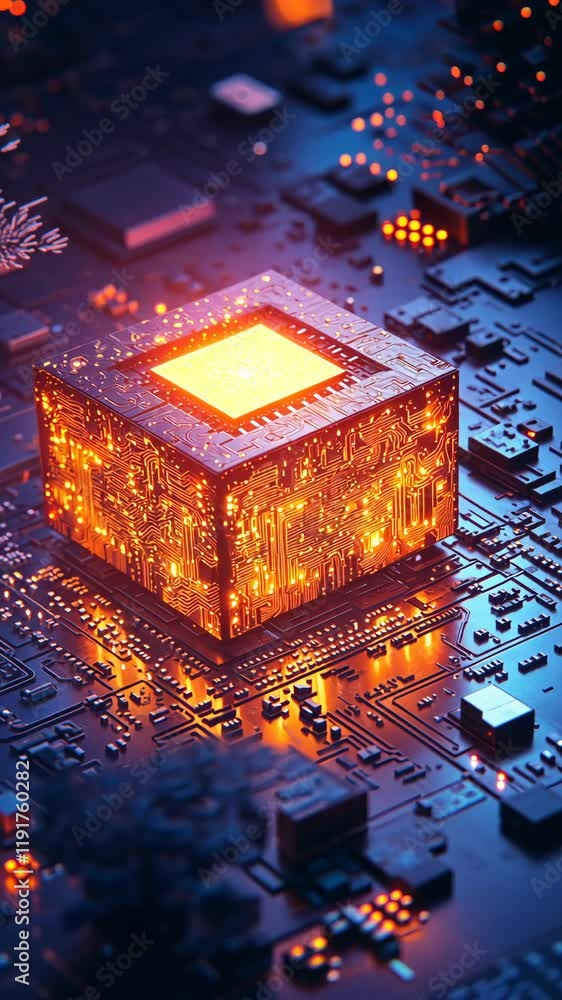 Poster futuristic glowing processor on a circuit board with vibrant colors and intricate designs in a dim e